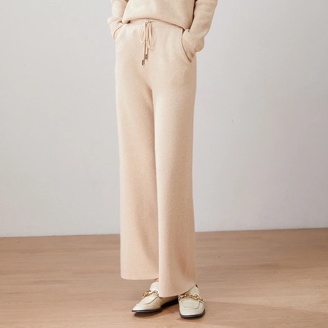 2022 New Autumn Winter Women 100% Cashmere Pants Soft Comfortable  High-Waist Knitted Female Cashmere Thicken Wide Leg Pants