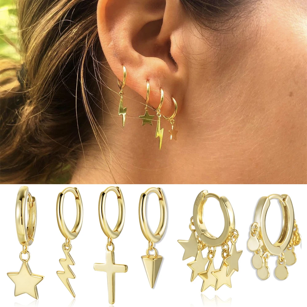 Fashion Gold Color Lightning Star Hoop Earrings for Women Simple Circle Cartilage Piercing Huggies Hoops Bijoux Femme Jewelry 1 Fashion Gold Color Lightning Star Hoop Earrings for Women Simple Circle Cartilage Piercing Huggies Hoops Bijoux Femme Jewelry