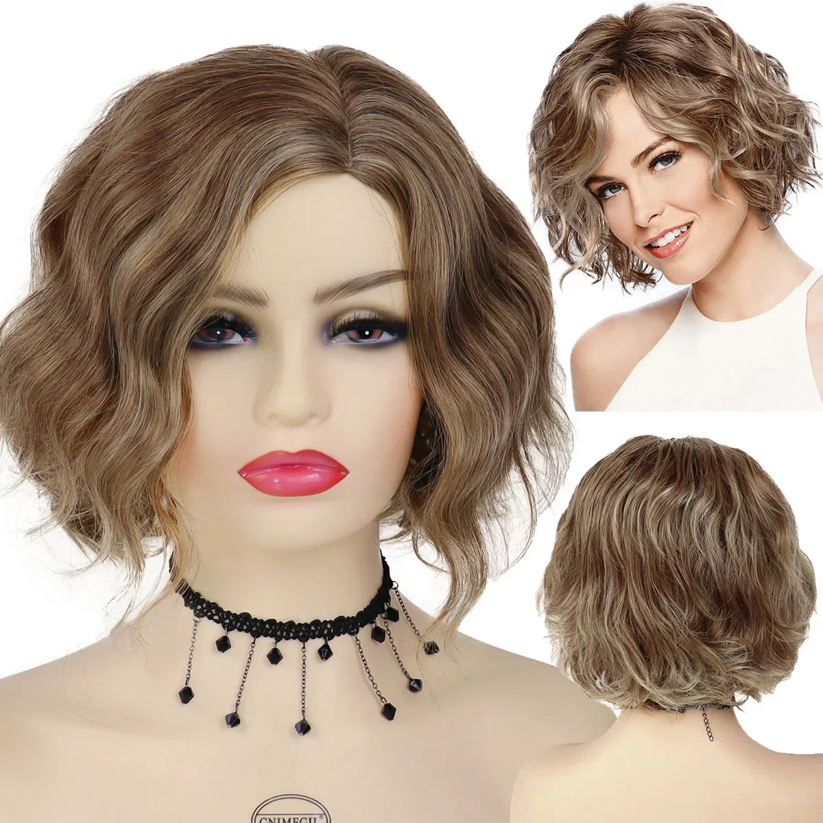 

GNIMEGIL Synthetic Short Bob Hair Side Parting Wig for Women Mix Brown Curly Wave Wig Daily Cosplay Halloween Party Mommy Wig