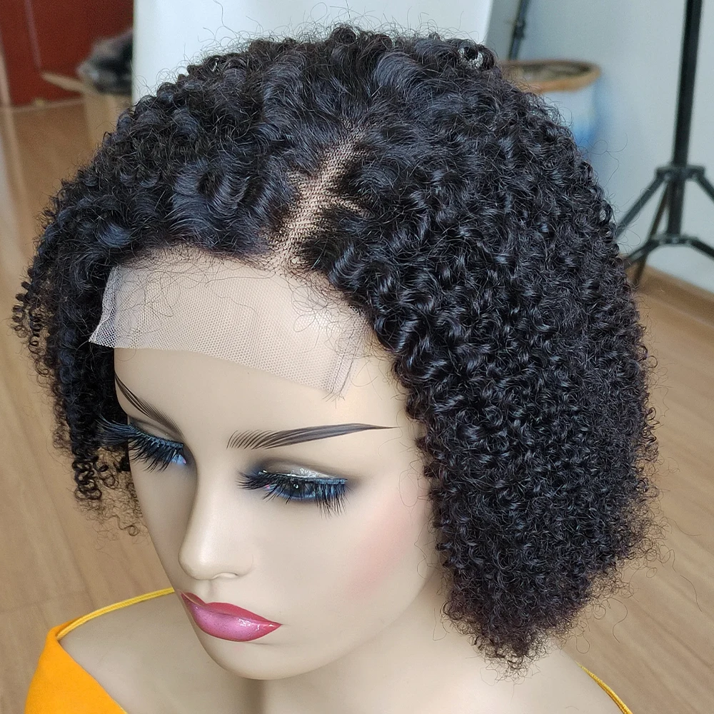 Parrucca in pizzo con chiusura 4x4 riccia Jerry 4C Kinky Edges, parte laterale, 100% capelli umani, pre-pizzicata, parrucca frontale in pizzo corto_voghion.com