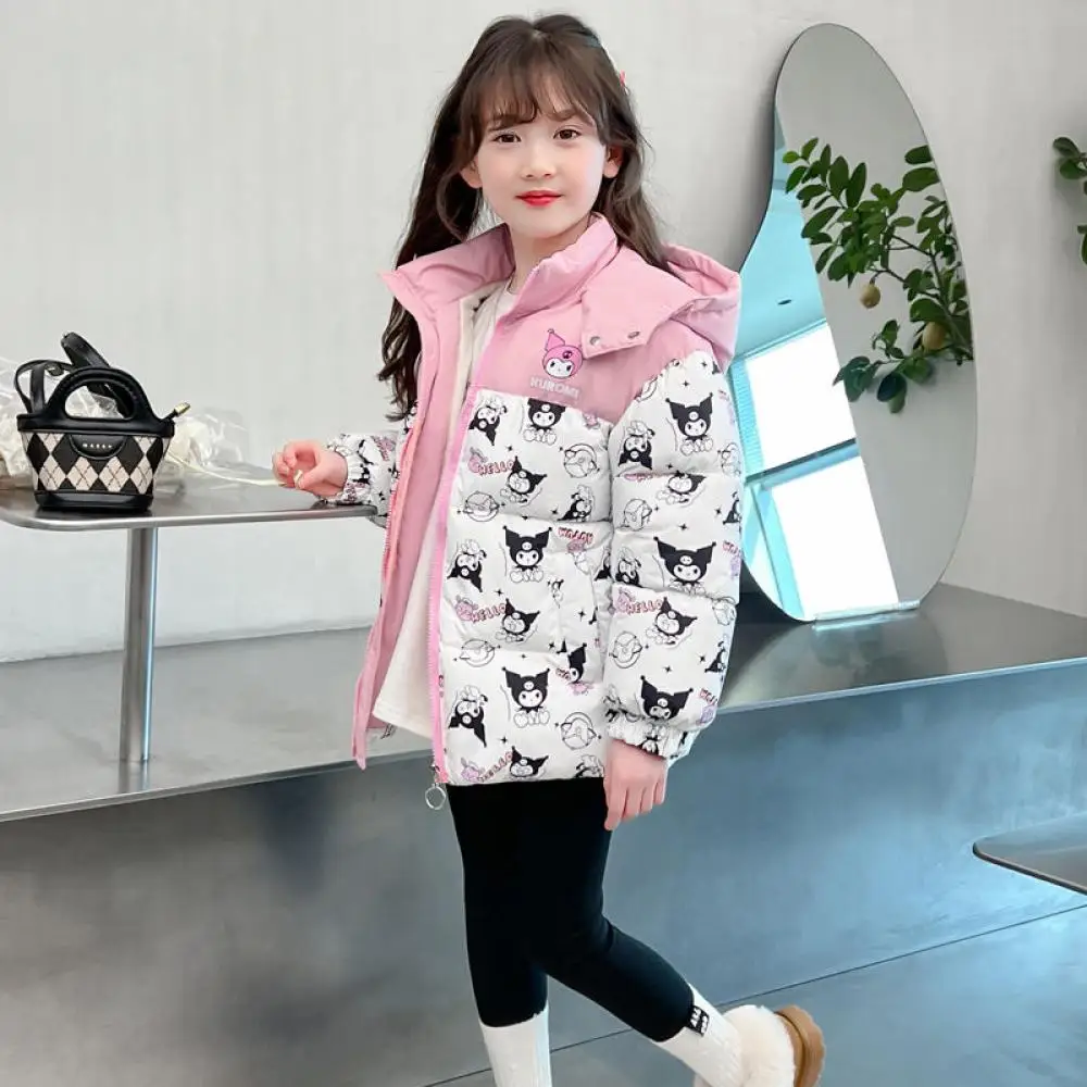Sanrio Kuromi Girls Cotton Clothes Autumn Winter Plus Velvet Thicken Coat Cartoon Leisure Cotton Coat Jacket Children's Clothing