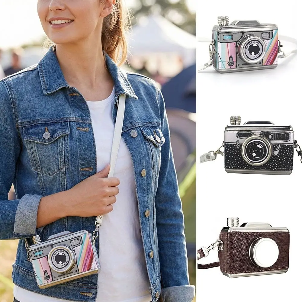 스테인리스 스틸 카메라 모양 힙 플라스크 탈부착 가능한 스트랩 위스키 용기 병 누수 방지 11온스 325ml 위스키 플라스크