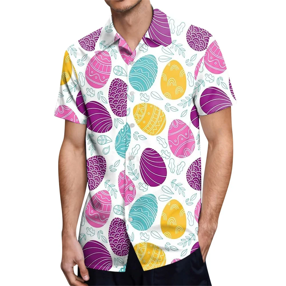 Happy Easter Day Kawaii Men Cartoon Rabbit Hawaiian Shirts 3D Printed Beach Shirt Women Clothe Kids Colored Egg Shirt Button Top 6