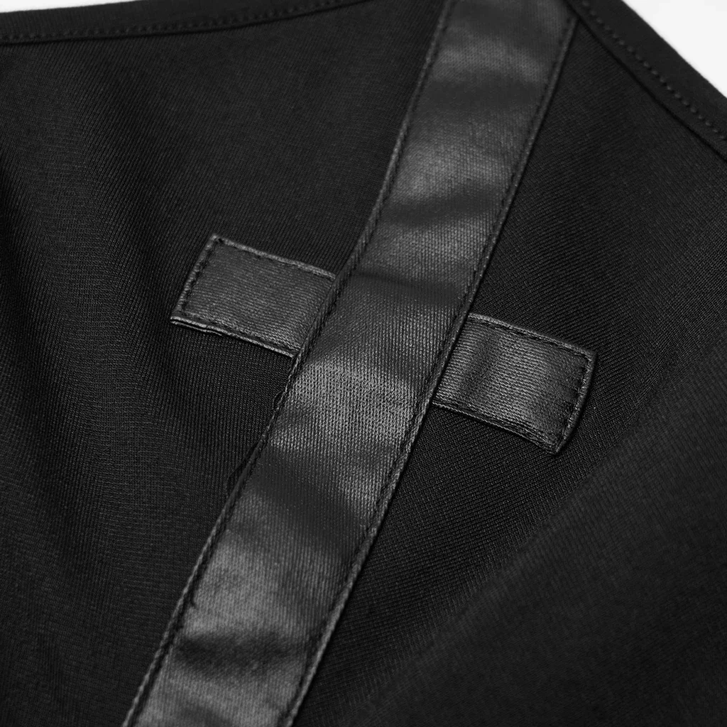 PUNK RAVE Women's Punk High Neck Church Architectural Structure T-shirt Tight Elastic Stage Performance Long Sleeve Black Tops