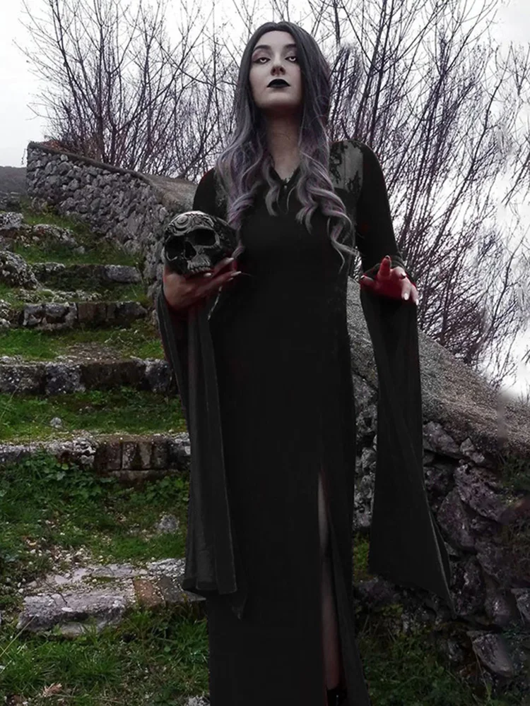 AltGoth Halloween Gothic Velvet Dress Women Vintage Lace Patchwork Flare Sleeve Long Dress Vintage Witch Dark Goth Party Dress 6
