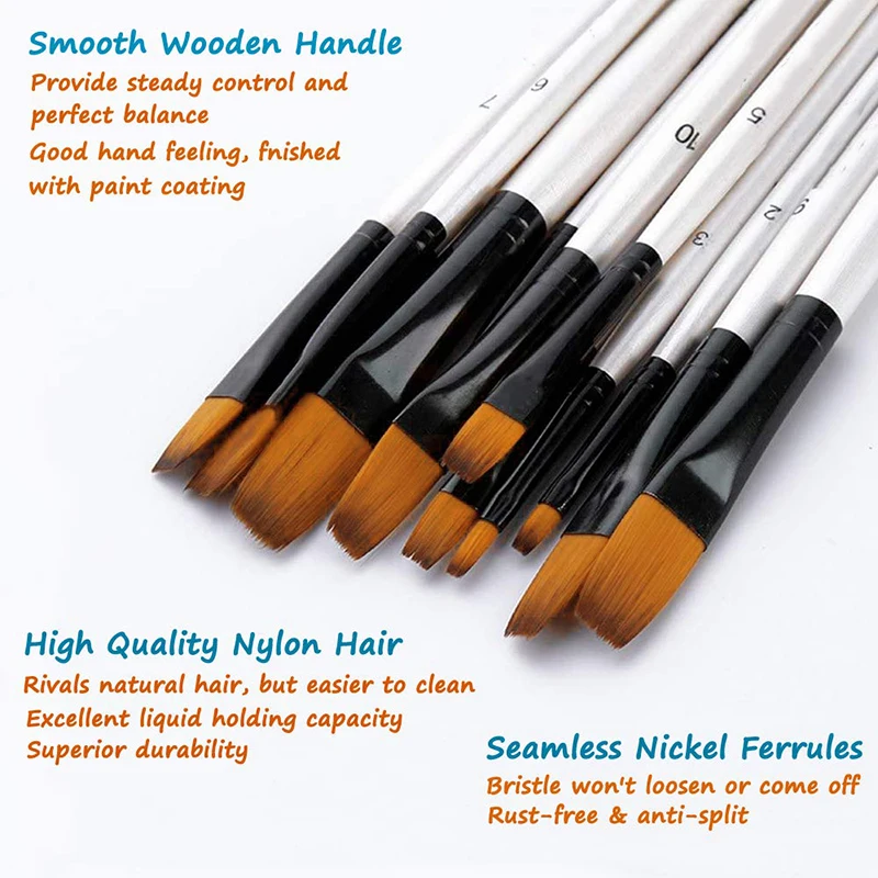 Professional Art Paint Brushes Set 12pcs Nylon Flat Paint Brush for Watercolor Oil Acrylic Face Body Nail Rock Painting Acrylic