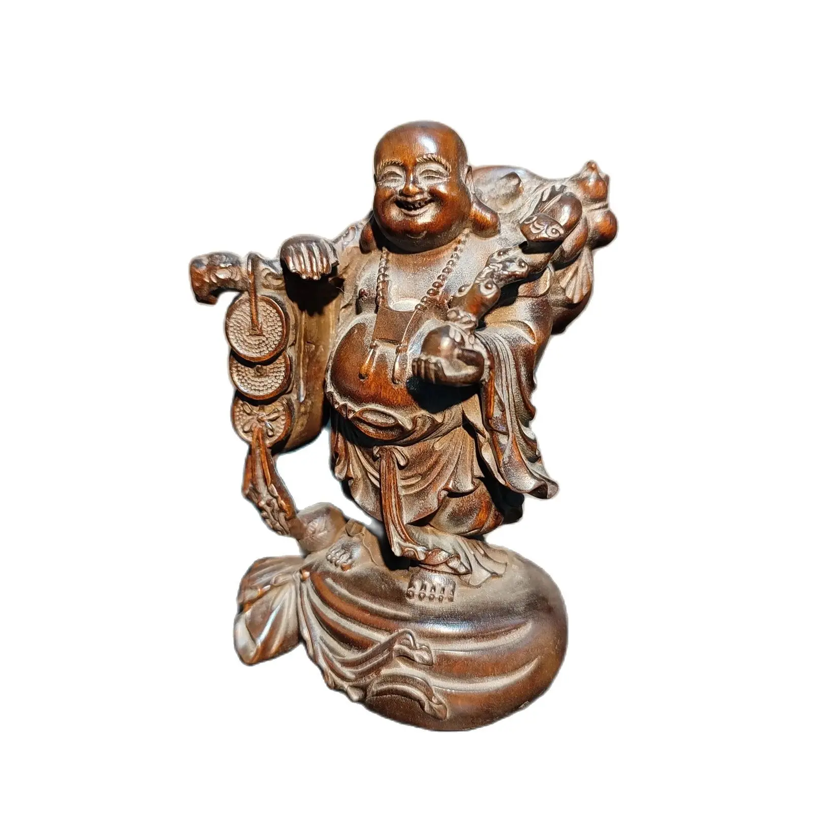 

Boxwood carving wooden buddha statue wood laughing Amitabha ruyi decor praying