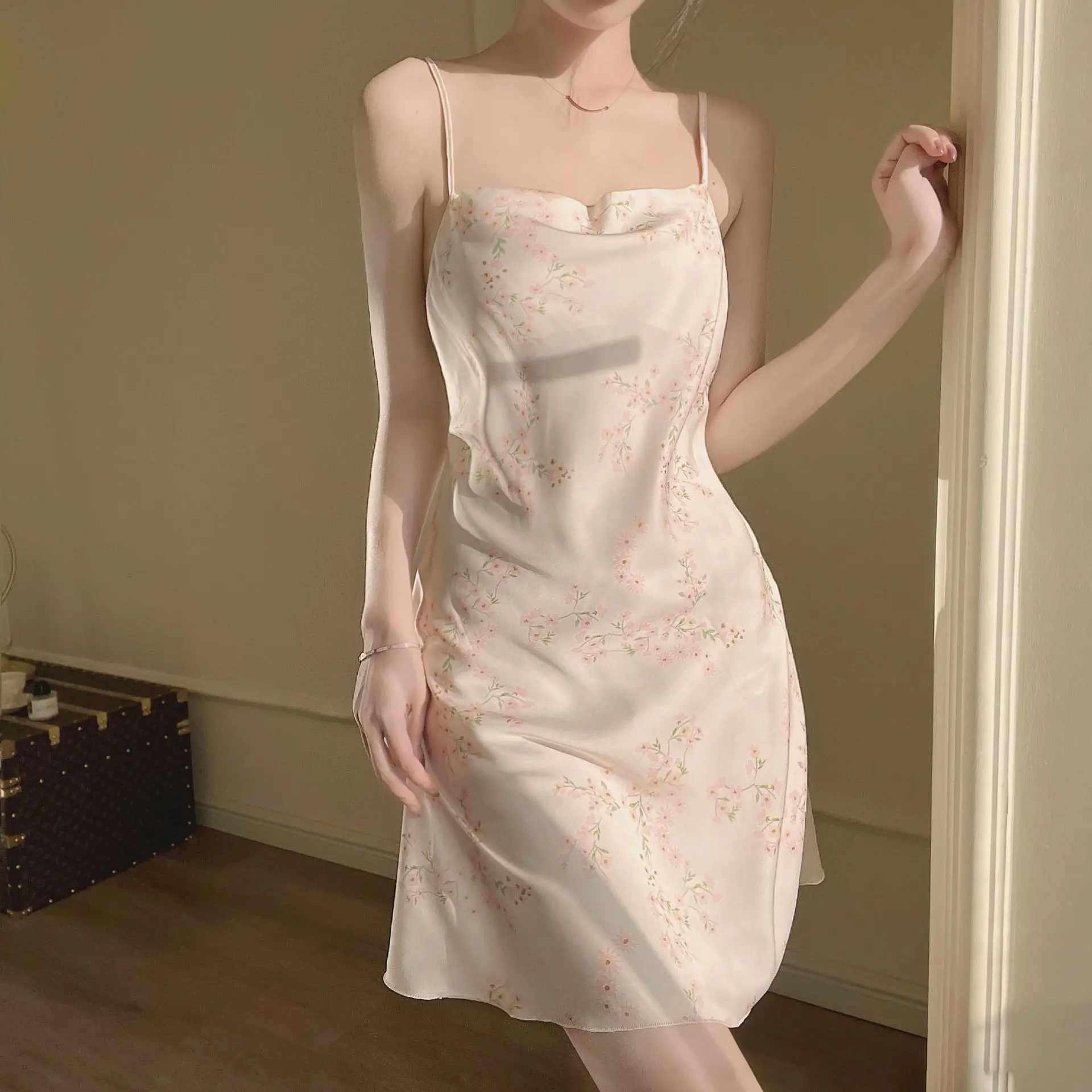 New Sexy Nightdress Ladies Summer Halter U-neck Ice Silk Pajamas Ins Print Pure Pajamas Thin Breathable Print Home Casual Dress