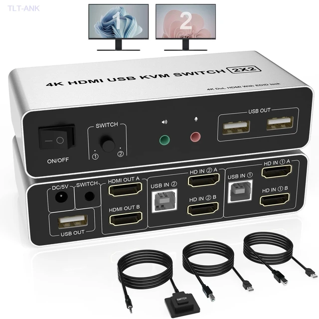 2 Port Dual Monitor KVM Switch Kit HDMI+DP 4K60Hz with EDID