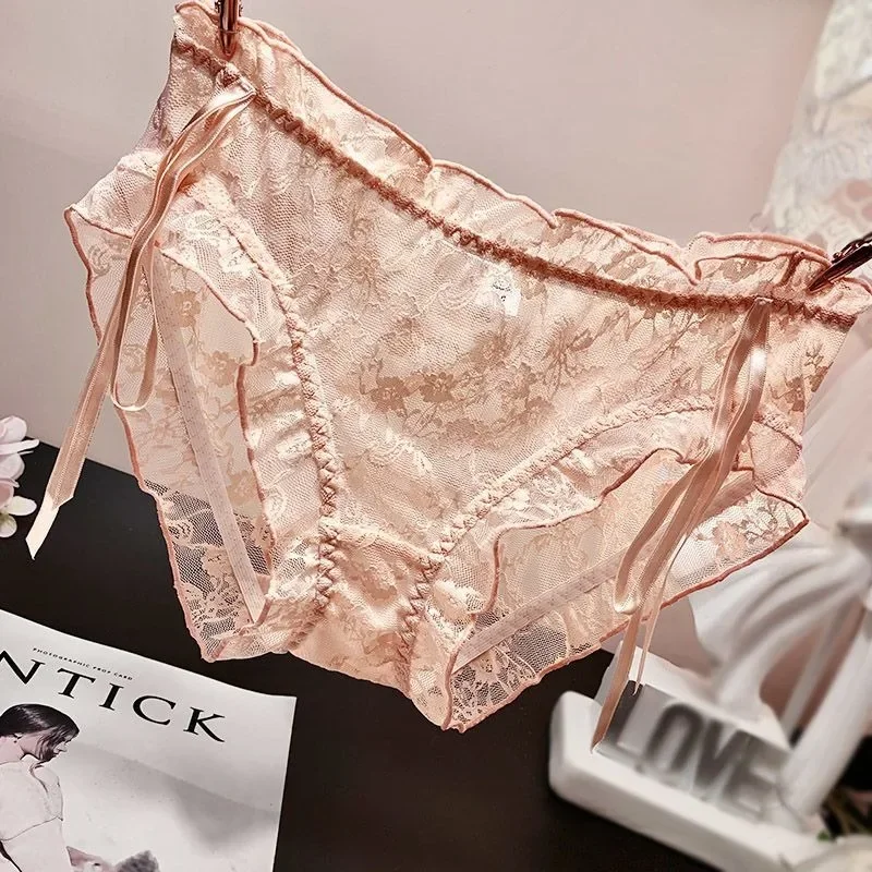 

Breathable Pure Cotton Bottom Crotch Briefs Japanese Style Cute Transparent Sexy Lace Panties Women's Ribbon Low-rise Underwear