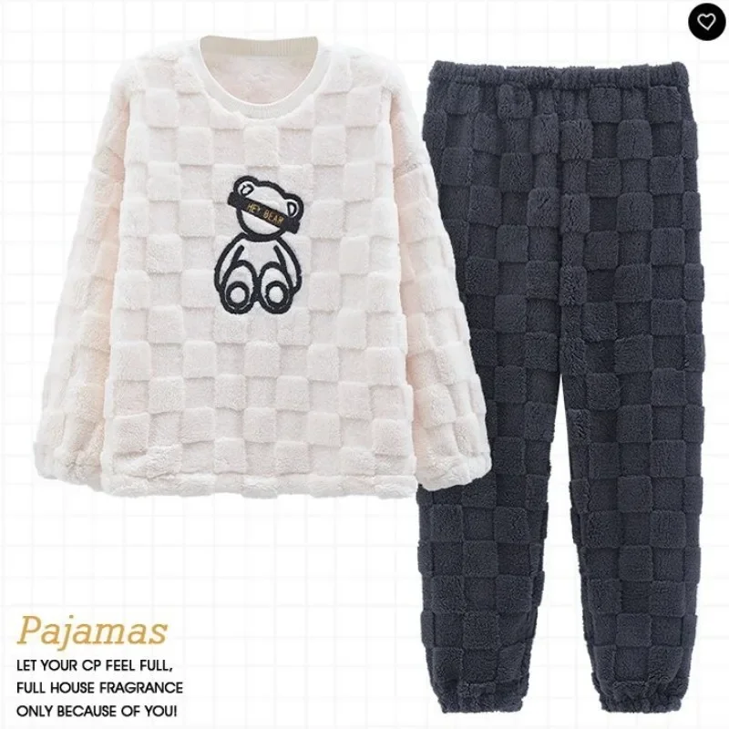 2024 New Coral Velvet Pajamas Women Autumn Winter Plush Thickened Loungewear Cute Cartoon Student Flannel O-neck Homewear Suit