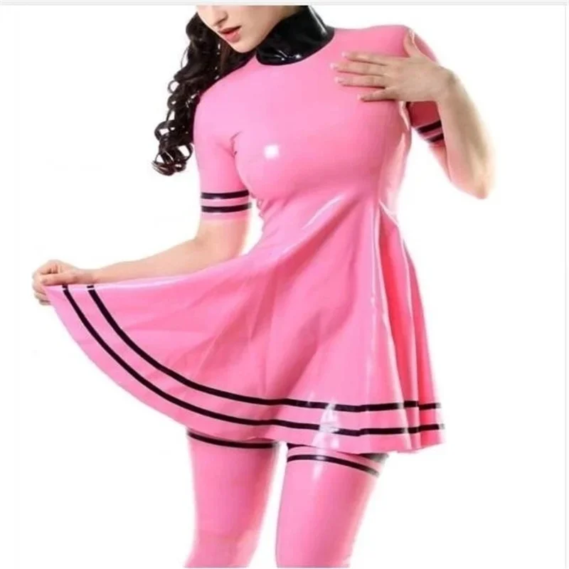 女性のためのセクシーなラテックスドレスジッパー付きピンクのコスプレスーツ黒