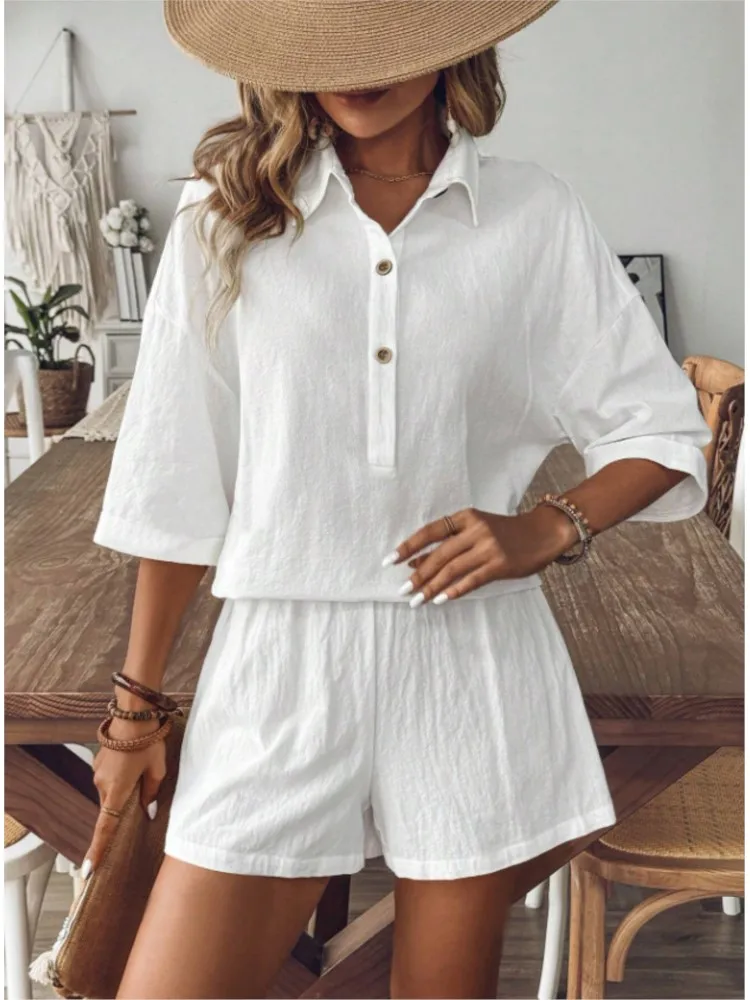 

Women Summer Cotton Linen Shorts Set Casual Half Sleeve Button Shirt Tops Solid Short 2 Piece Set Loose Tracksuit Lounge Wear
