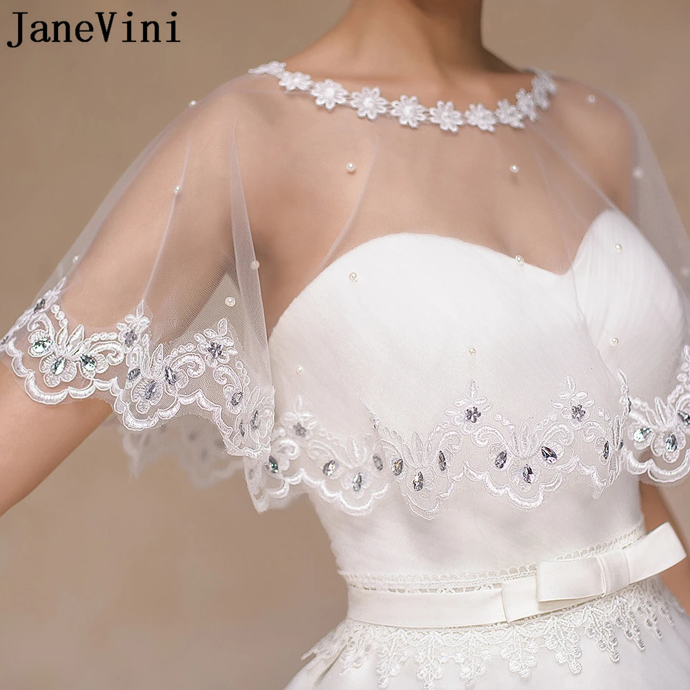 

JaneVini Beaded Bridal Cape with Pearls White Lace Wedding Jacket for the Bride Women Tulle Wedding Dress Wraps Boleros Shrugs