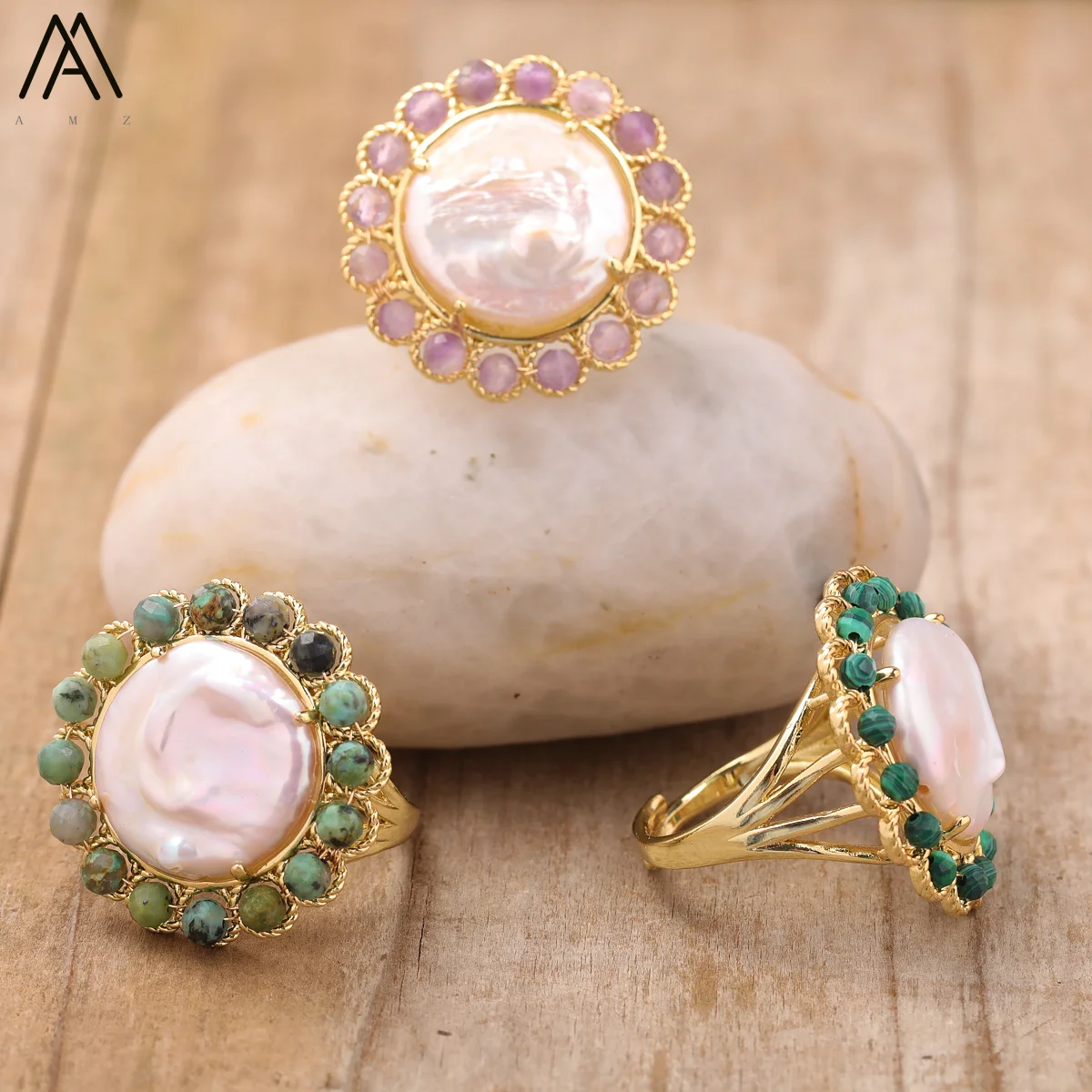 Women High Quality Pearl Finger Rings Bohemia Natural Amazonite Amethsyt Crystal Adjustable Ring Fashion Birthday Jewelry Gifts