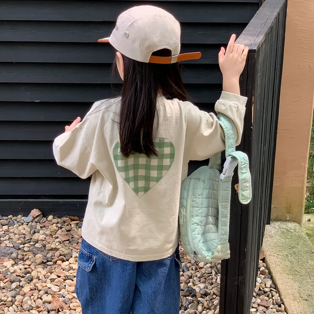 

Plaid Heart Girls Tops Fashion 2023 Spring Autumn New Korean Boys and Girls Fashion All-matcho-neck Casual