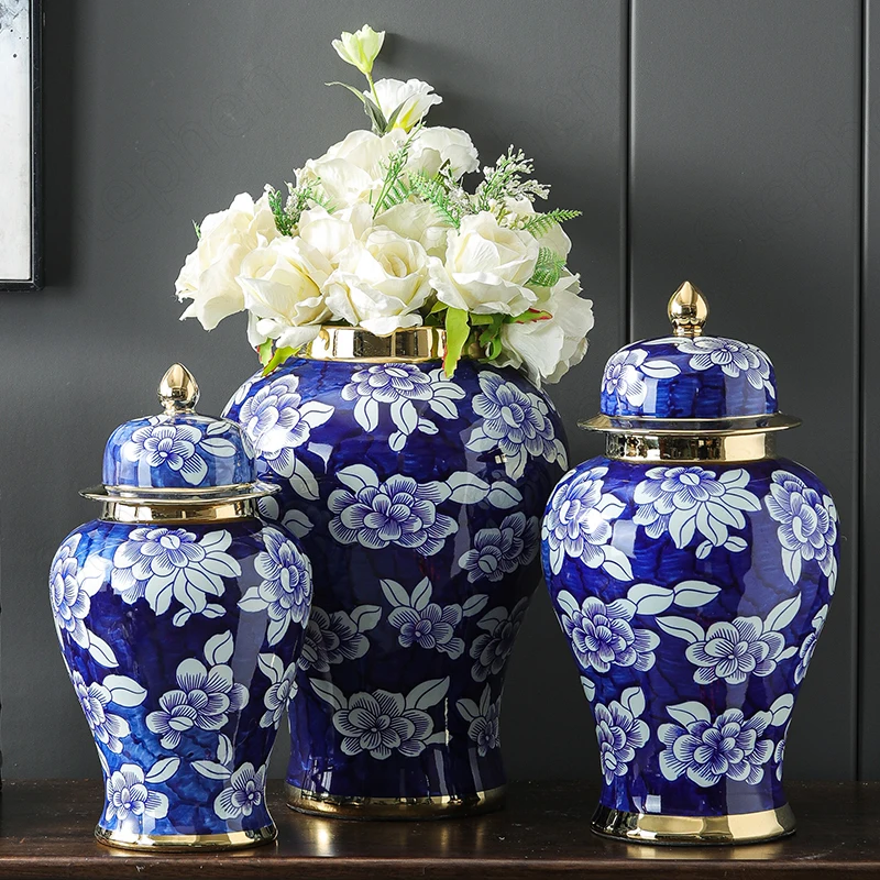 

Gold Border Large Ceramic Vases Chinese Modern Overglaze Flower Decorative Vases Living Room Decoration Storage Jars with Lid