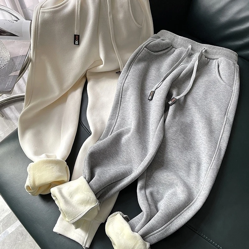 Women Winter Thick Sweatpants Korean Fashion Plus Velvet Lace Up High Waist Harem Pantalones Casual Warm Solid Colors Trousers