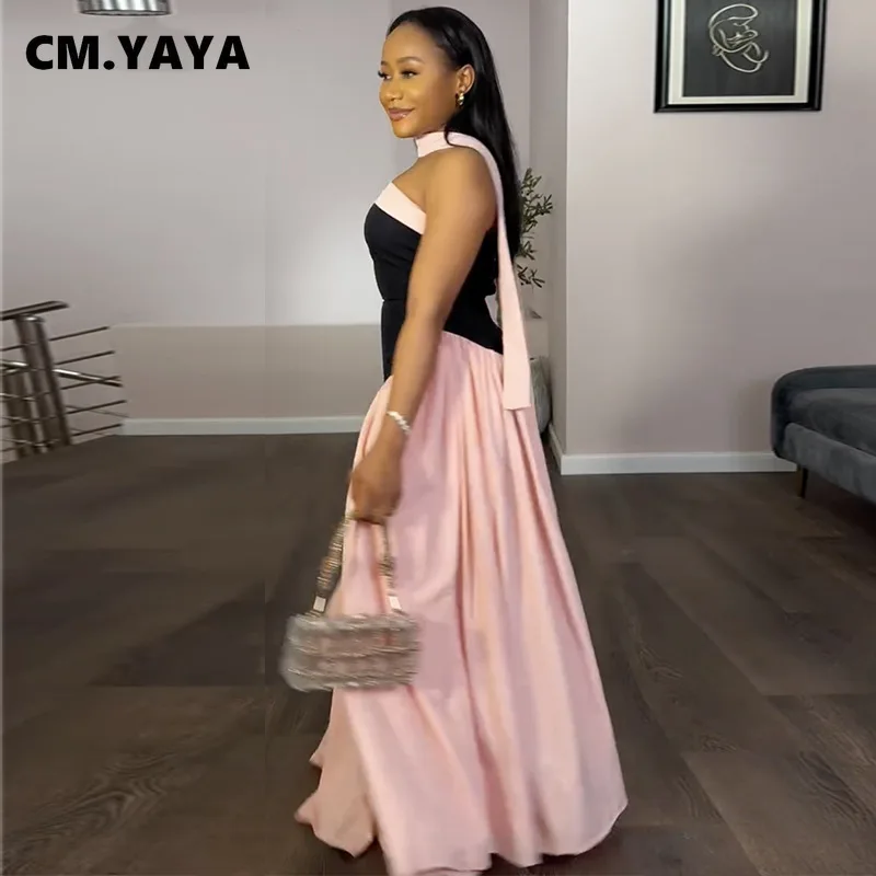 CM.YAYA Women Fashion Halter Neck Pleated Big Swing High Waist Maxi Long Dress 2025 Summer Party Night Club Vestidos Dresses 2