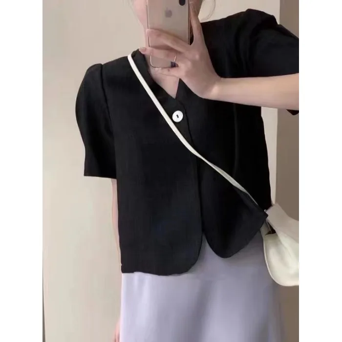 한국 스타일 여름 심플한 리넨 짧은 정장 셔츠 다목적 하이 엔드 느낌 원 버튼 다목적 미니 겉옷 탑