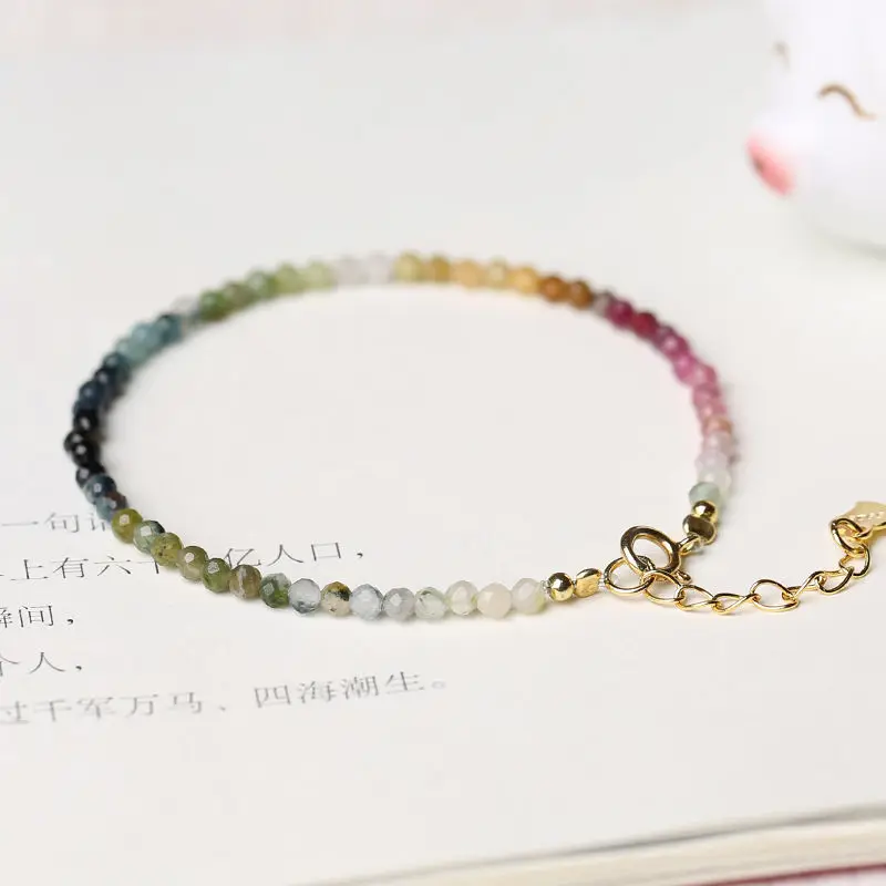 Dainty Stretch Bracelet With Natural 2mm Rainbow Tourmaline Stones - Minimalist Beaded Crystal Jewelry