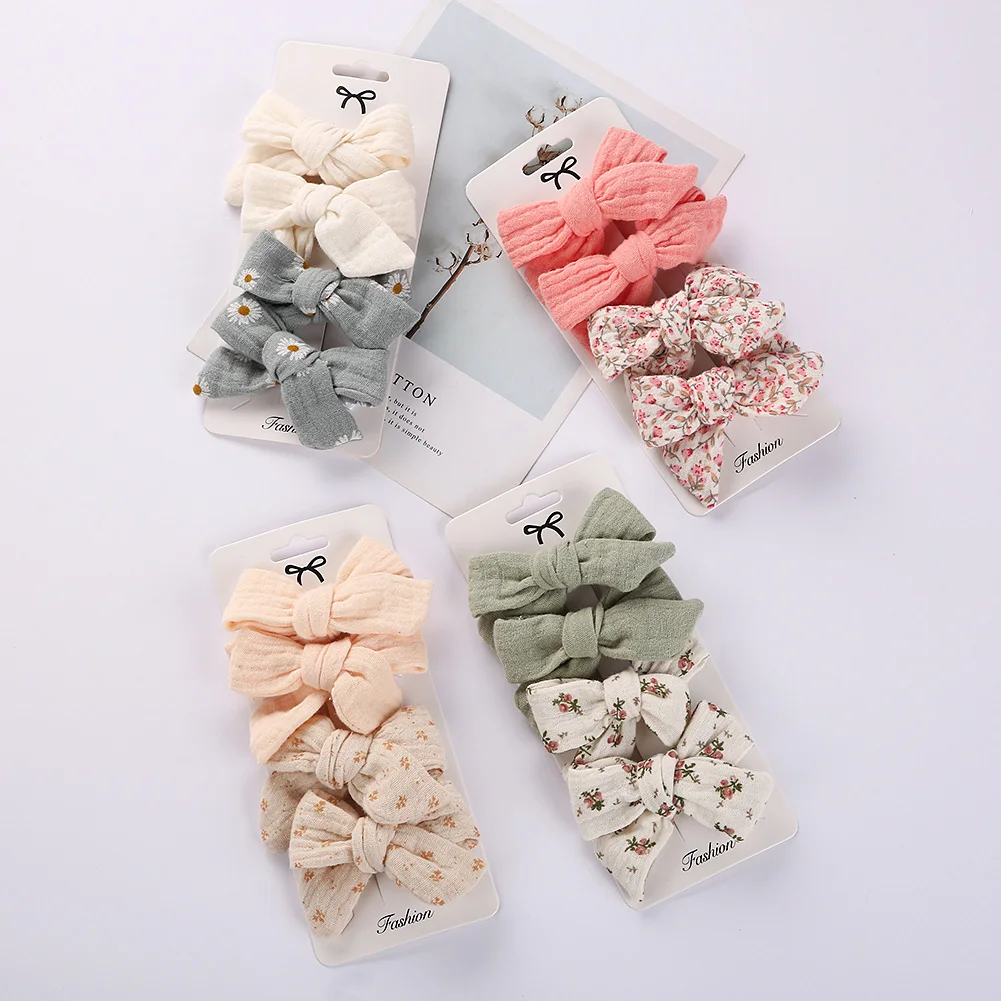 4 개/대  활 헤어 클립 모슬린 소녀 헤어핀 어린이를위한 헤어 클립 코튼 린넨 자용 꽃 프린트 사이드 핀 액세서리