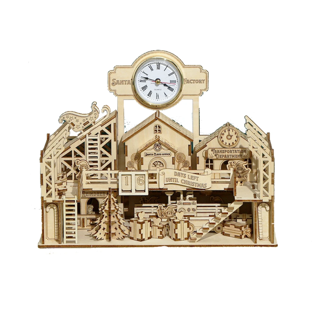 

3D Wooden Clock Puzzles Models Toy DIY Assembly Kits Assemble for Adults Teen Time Mechanical Gear Laser Cutting Santa Factory