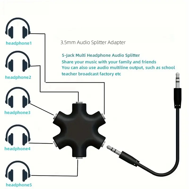 Multi-Port 3.5mm Audio Splitter Cable with Adapter - 1 Male to 5 Female Aux Output Converter