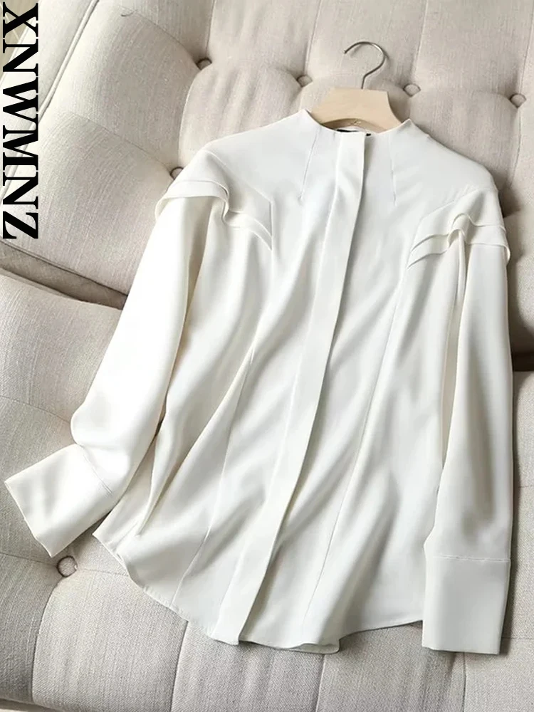 

XNWMNZ 2023 Women Fashion White Ruffle Edge Long Sleeve Shirt Woman Casual Front Button Office Lady Top Female Chic Blouse