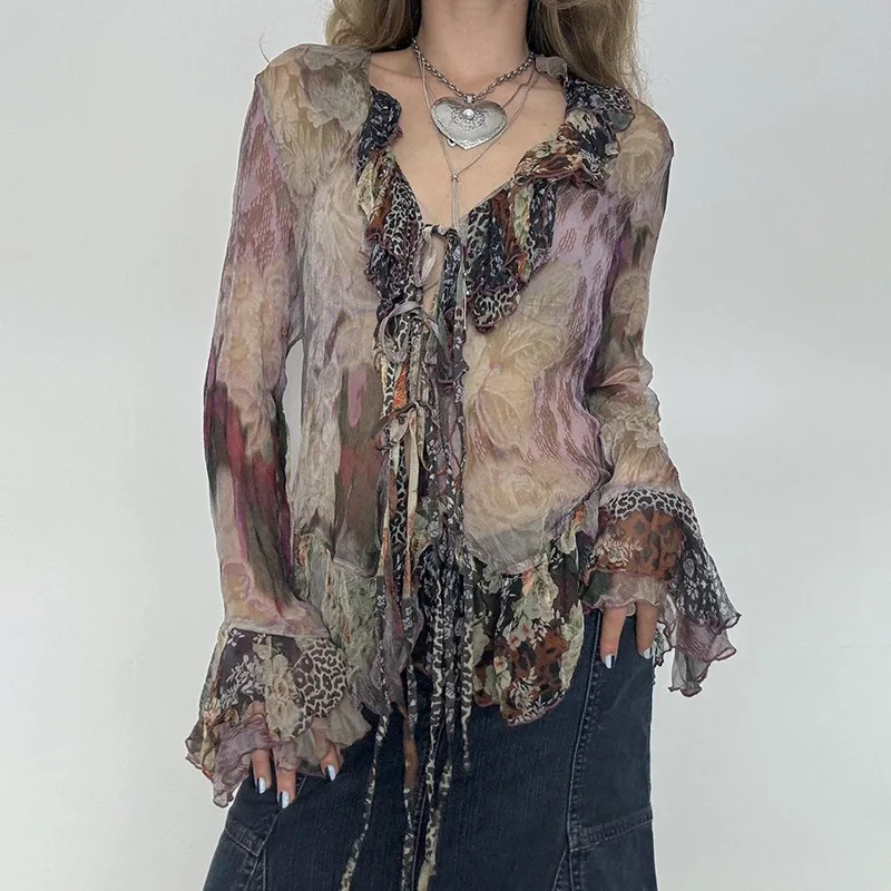 Blusa de manga larga acampanada con volantes y estampado floral para mujer, estilo grunge de los años 2000, ropa urbana Y2K