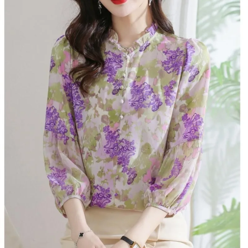 

Plant&Flowers Printing Lantern Long Sleeve Women's Spring Autumn Round Neck Pullover Chiffon T-shirt Trendy All-match Tops