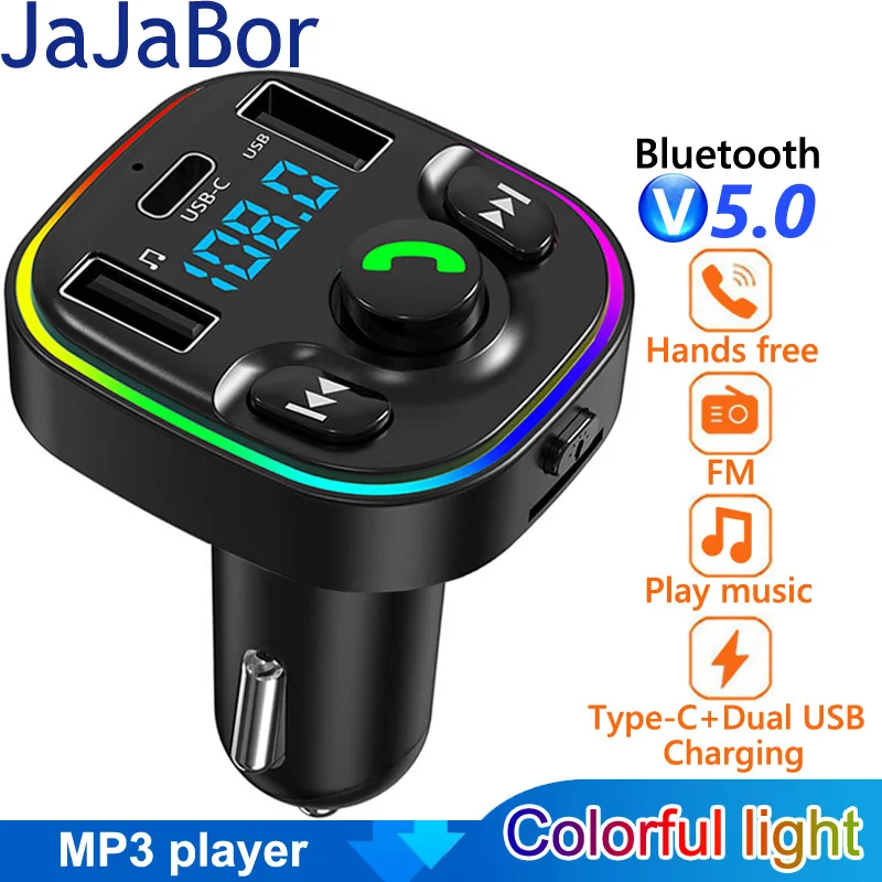 

JaJaBor FM Transmitter Car MP3 Player Colorful Light Dual USB Type C Charger Bluetooth 5.0 Handsfree Car Kit FM Modulator