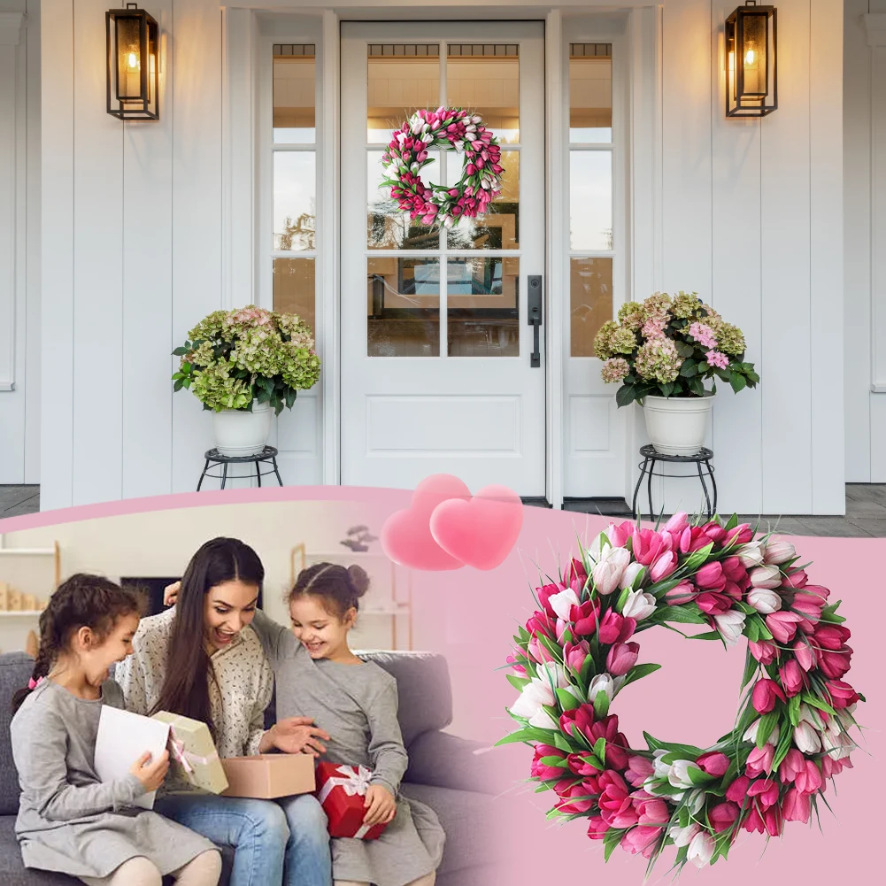 15.7inch Tulip Wreath Artificial Spring Wreath Mothers Day Flower Wreath with Tulips for Wall Window Party Wedding Decor