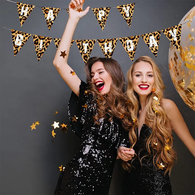 Leopard Happy Birthday Banner Cheetah Print Pennant Flag Leopard Wild One Birthday Party Decoration Jungle Safari Party Supplies