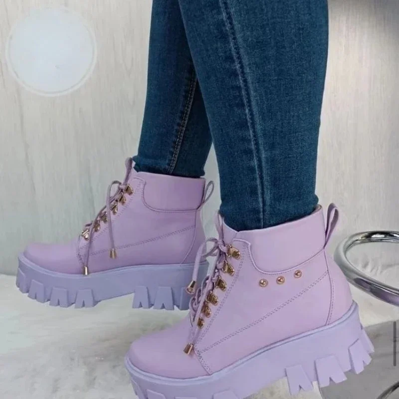 Platform Motorcycle Boots for Women 2023 New Purple Women's Ankle Boots Height-increasing Thick Sole Fashion Lace Up Punk Boots