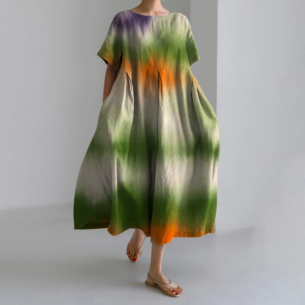 

New Vintage Women's Dresses Layered Texture Splicing Printed Dresses Elegant Casual Short Sleeve Dresses Loose Fashion Dresses