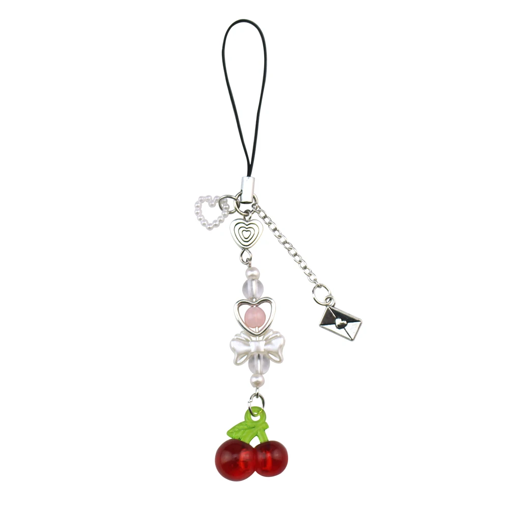 Adorable Strawberry & Cherry Phone Charm with Heart Bow Beads and Guitar Pendant