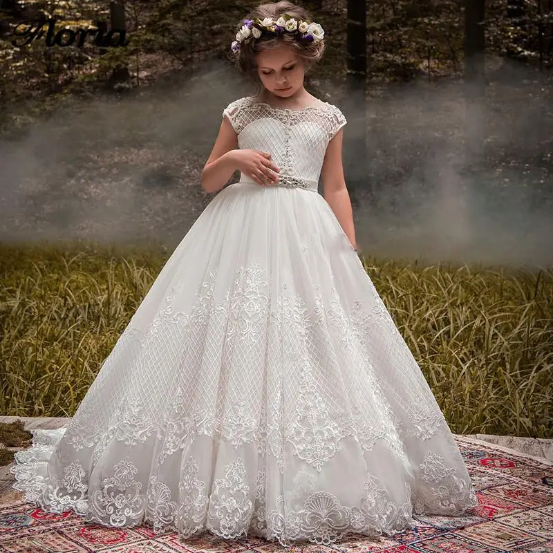 

Lace Flower Girl Dresses For Wedding Tulle Puffy Applique Beading Sleeveless Kids Birthday Party First Communion Ball Gowns Wear