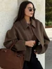 Fashion Brown Zipper Woolen Jacket For Women Elegant Lapel Long Sleeve Short Coats Female Vintage Autumn Lady Street Outerwear 1