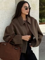 Fashion Brown Zipper Woolen Jacket For Women Elegant Lapel Long Sleeve Short Coats Female Vintage Autumn Lady Street Outerwear 1