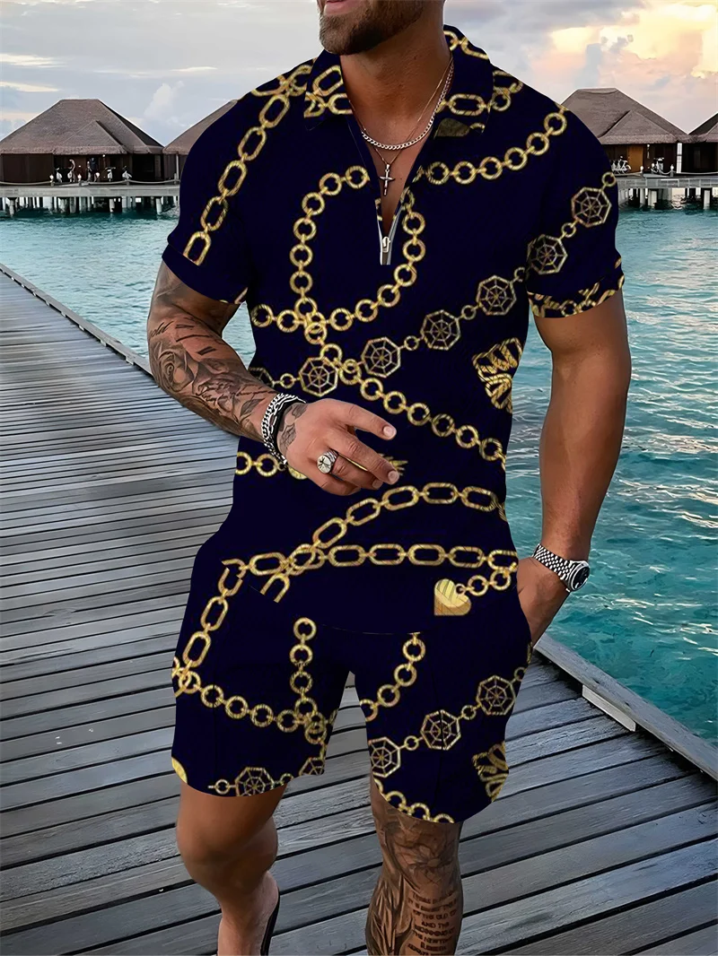 2023 Summer Men's Sportswear Fashion Short-sleeved Polo Shirt Set 3D Chain Print Clothing 2pcs Casual Comfortable Suit Street