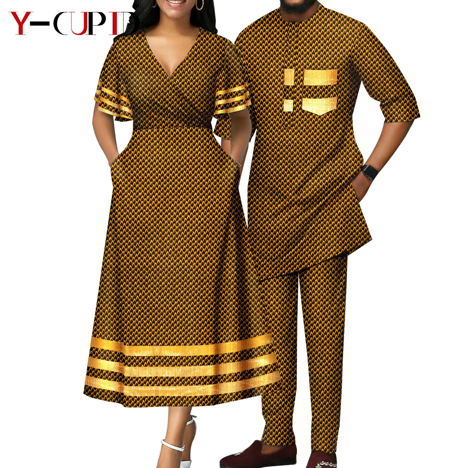 African Print V-neck Dresses for Women Couple Matching Men Outfits Top and Pant Sets Dashiki Bazin Riche Lover Outwear Y23C086