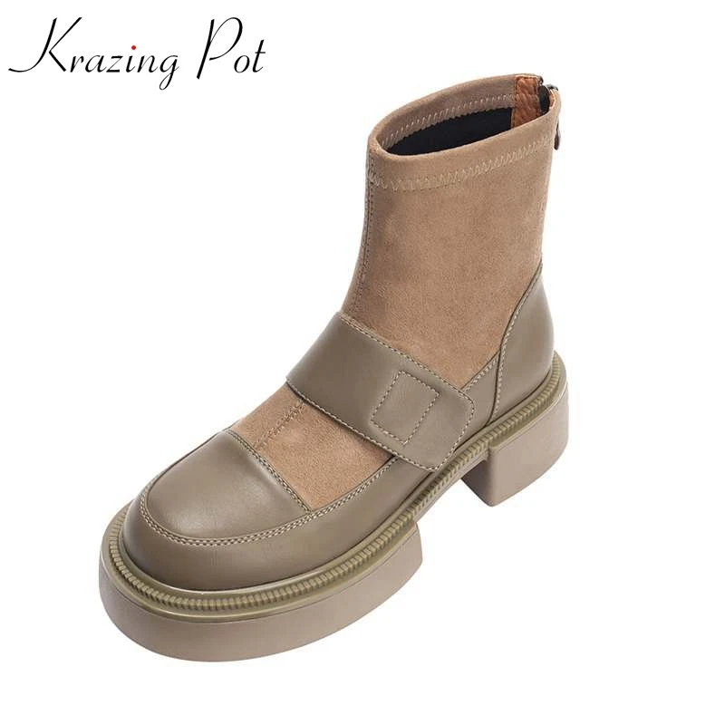 

Krazing Pot Cow Split Leather Flock Round Toe Med Heels Modern Boots Thick Bottom Splicing Preppy Style Sweet Zipper Ankle Boots