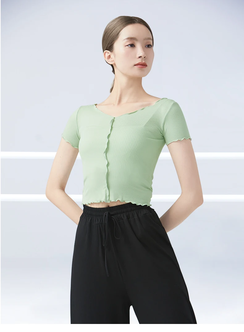 Frauen V-ausschnitt Tanz Tops Wellenförmige Spitze Ballett Tanz Crop Tops Erwachsene Mädchen Tanz Tops Closed-fit Kurzarm ballett Training Kostüme – Detail 1