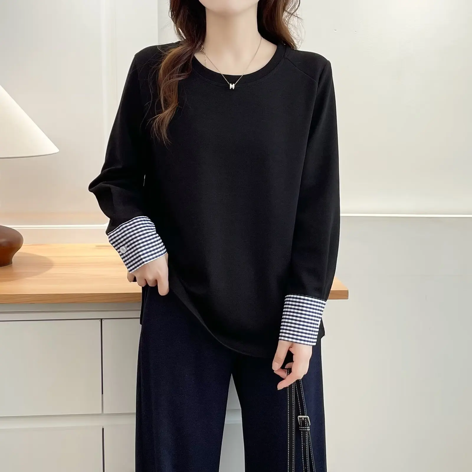 Fashion Plus Size Women's Hoodies Autumn New Style Cuffs Plaid Patchwork Long Sleeve Sweatshirt 2524