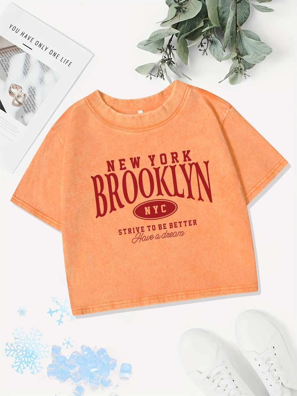 Sommer Baumwolle Crop Tops Damen New York Brooklyn Nyc Drucke gewaschene T-Shirts Straße O-Ausschnitt Regular Fit Streetwear Freizeitkleidung – Detail 12