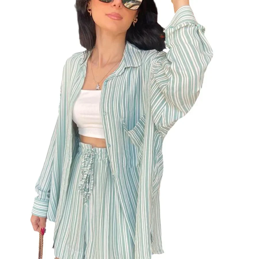 Autumn Fashion Casual Striped Long Sleeve Shirt Drawstring High Waist Shorts Two Piece Set Spring Outfits Women 2024