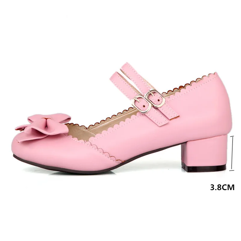 PXELENA LO New Hot Girls Sweet Bowtie Women Lolita Mary Janes Low Heel Ballet Pumps Ankle Strap Shoes Plus Size US 4.5-10.5