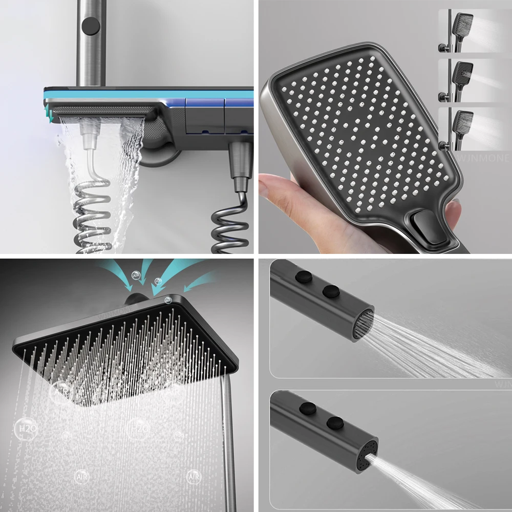 Bathroom Digital Display Shower System Brass Waterfall Shower Faucet Set Rainfall Temperature Bathtub Mixer Shower Set with Lamp 2
