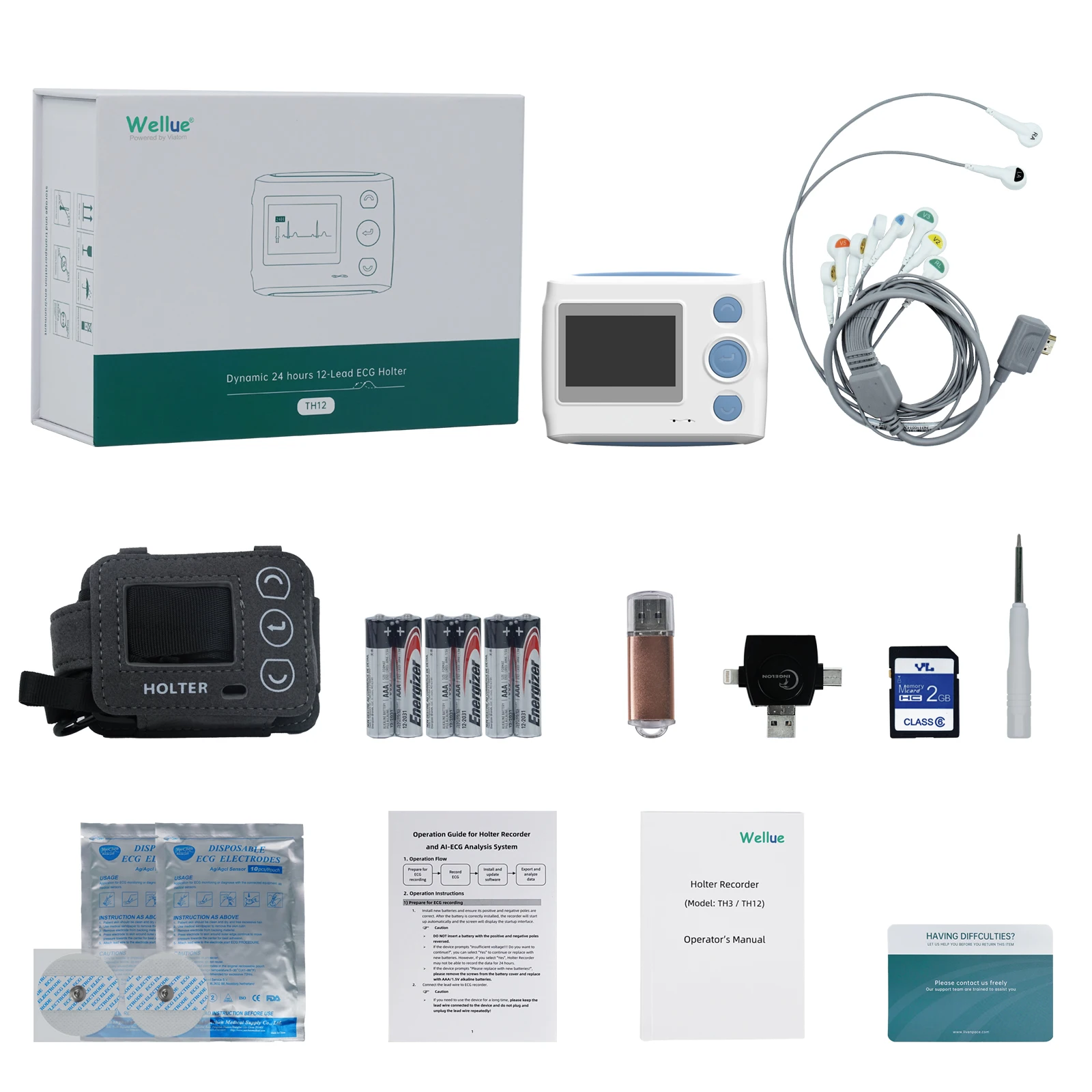 Wellue TH12 12 Lead Holter Recorder Ai Analysis Intelligently Identifies 25 Heart Abnormalities 24-hour Home Ecg Monitoring